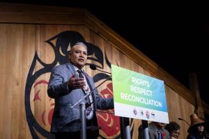 Terry Teegee, regional chief of the B.C. Assembly of First Nations, speaks to a gathering of First Nations and government leaders on Nov. 4, 2025. (Photo courtesy B.C. government)