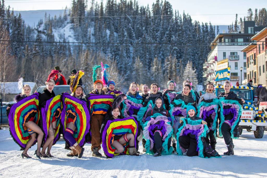Cancan dancers are seen at the Rendezvous Parade on Main Street on Feb 26. (Manu Keggenhoff/Yukon Rendezvous Society)