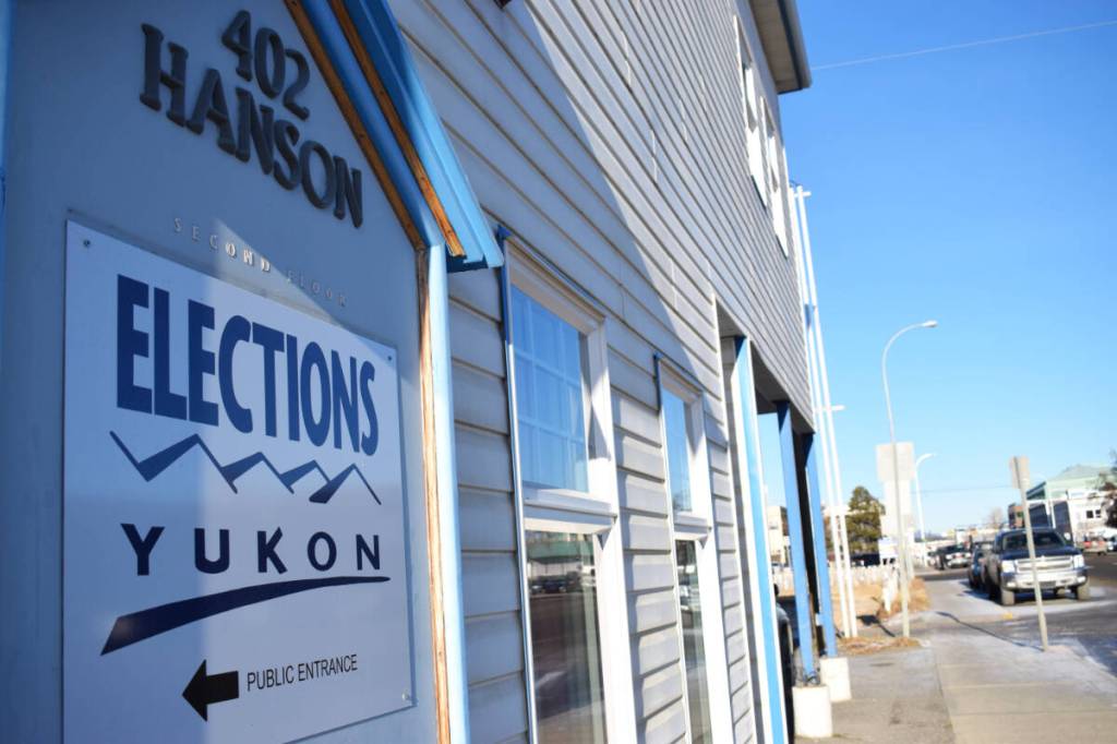 A sign outside the Elections Yukon headquarters is seen on Oct. 28, 2025. (Dana Hatherly/Yukon News)